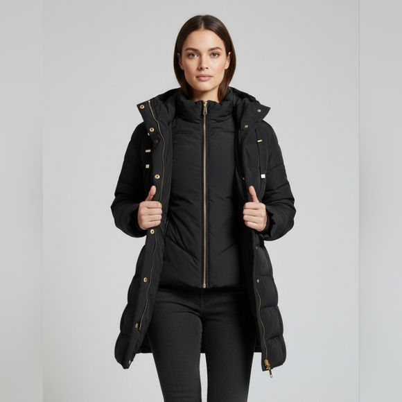 Cole Haan Signature Black Quilted Down Puffet Coat Jacket Gold Hardware S/P - Picture 2 of 16